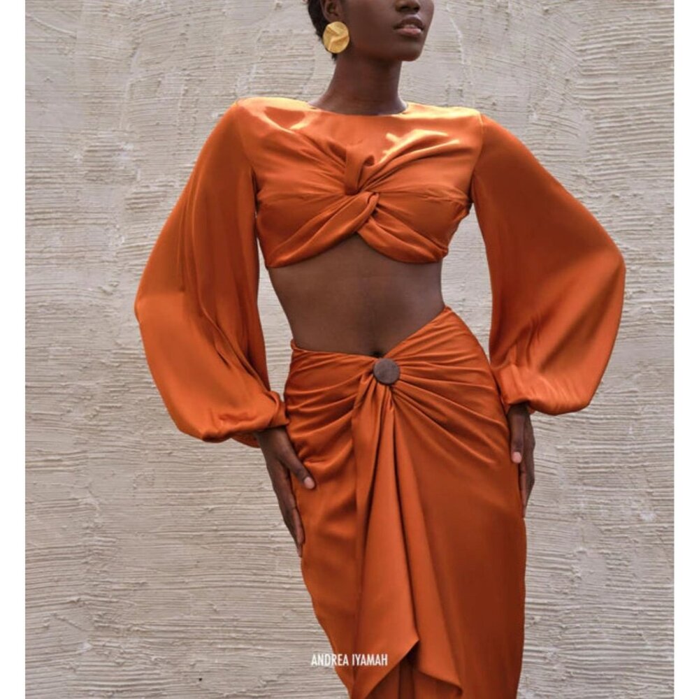 Andrea Iyamah Burnt Orange Satin Twist Midi Dress